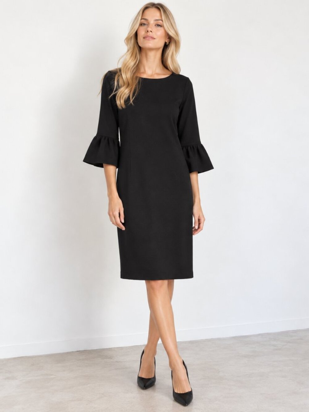 Talbots Black Bell Sleeve Shift Dress Stretch Minimalist Quiet Luxury LBD 4